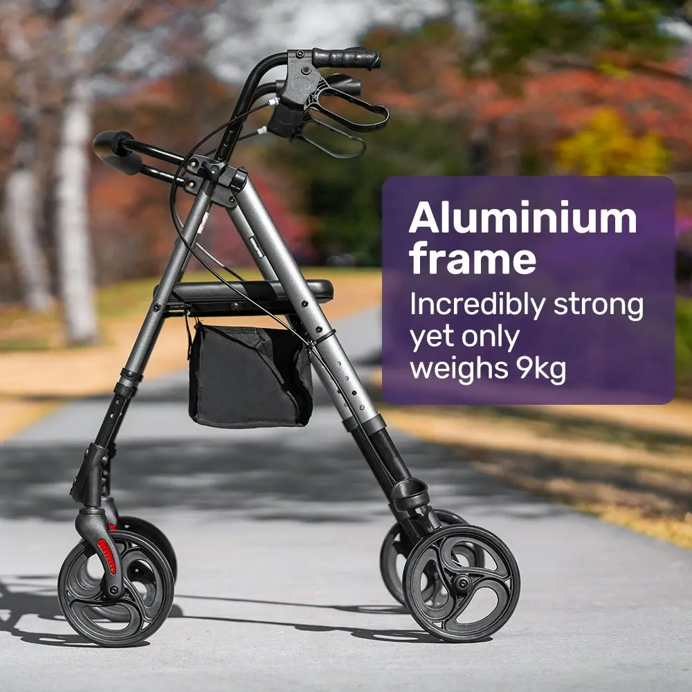 Equipmed 4 Wheel Lightweight Rollator Walker, Aluminium Frame, Seat, Carry Bag, for Seniors, Titanium Style