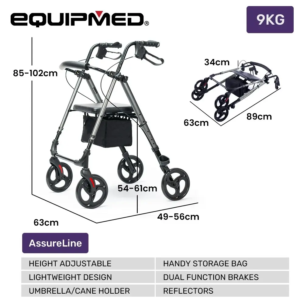 Equipmed 4 Wheel Lightweight Rollator Walker, Aluminium Frame, Seat, Carry Bag, for Seniors, Titanium Style