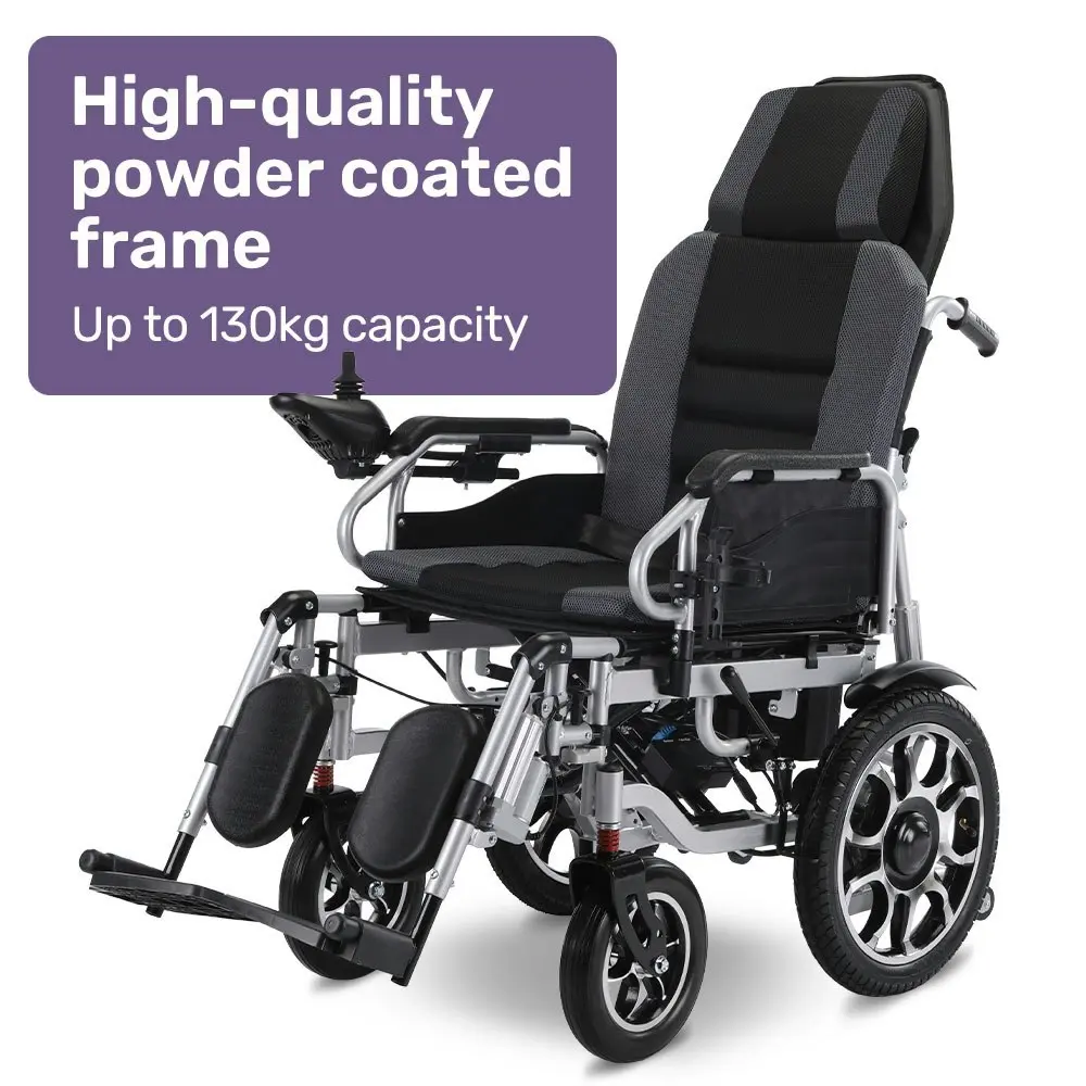 Equipmed Power Electric Wheelchair, Long Range, Auto Recline, Lithium Battery, 16 Inch Rear Wheels, Headrest, Folding, Grey/Black