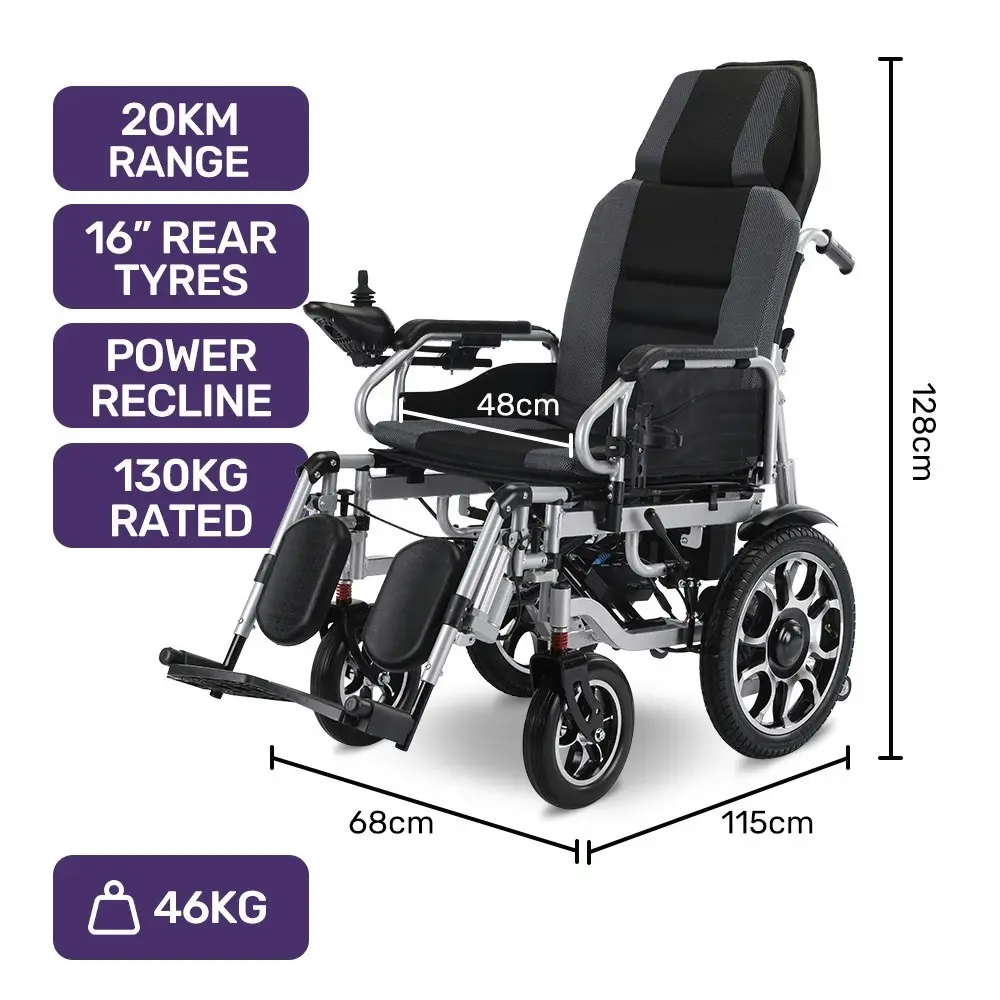 Equipmed Power Electric Wheelchair, Long Range, Auto Recline, Lithium Battery, 16 Inch Rear Wheels, Headrest, Folding, Grey/Black