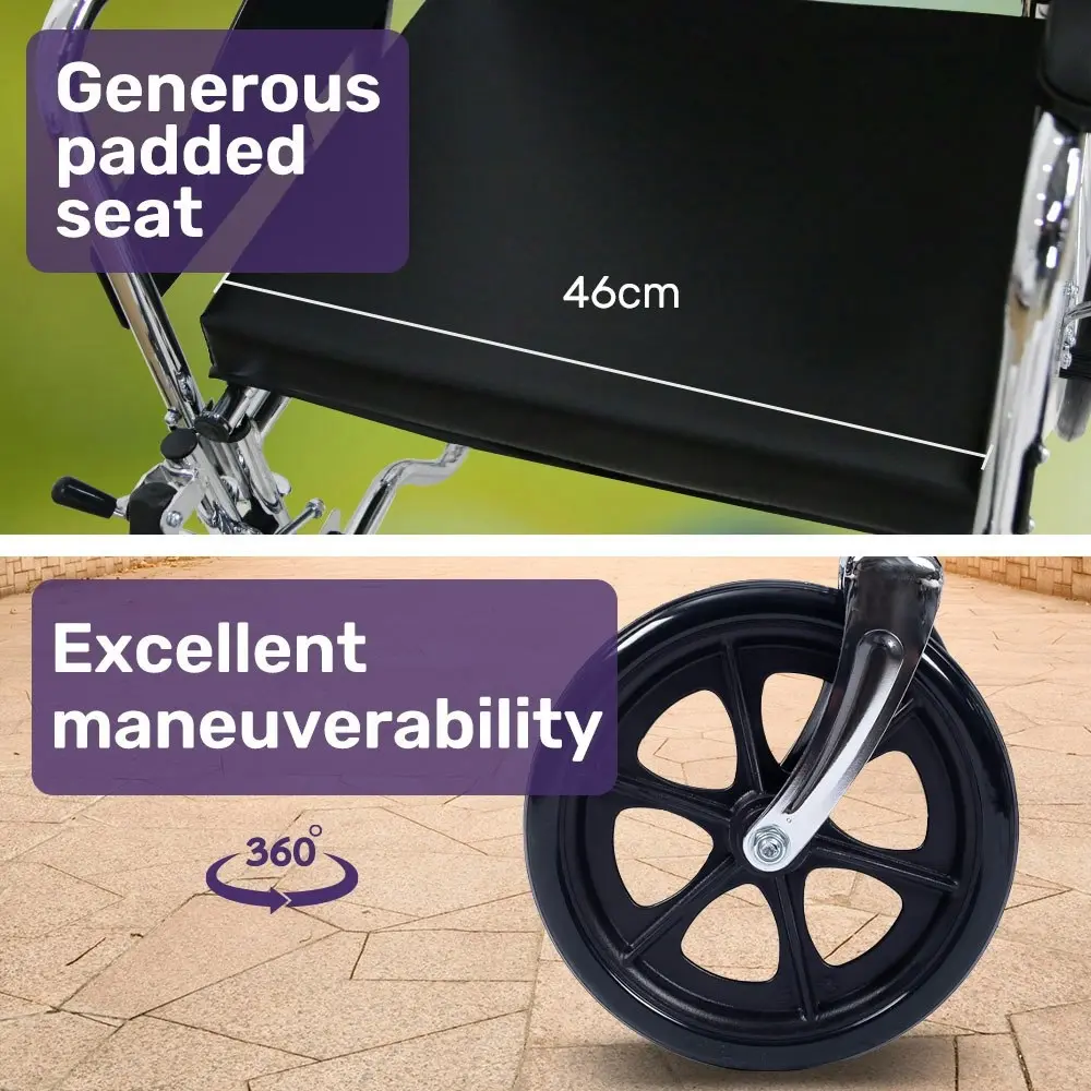 Equipmed Folding Manual Reclining Wheelchair Self Propelled, 24 Inch Rear Wheels, Chrome Steel Frame, 46cm Wide Seat, 100kg Capacity, Park Brakes