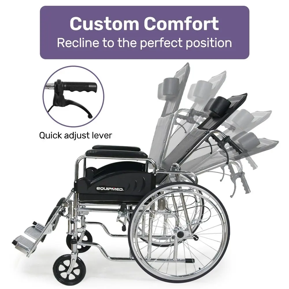 Equipmed Folding Manual Reclining Wheelchair Self Propelled, 24 Inch Rear Wheels, Chrome Steel Frame, 46cm Wide Seat, 100kg Capacity, Park Brakes