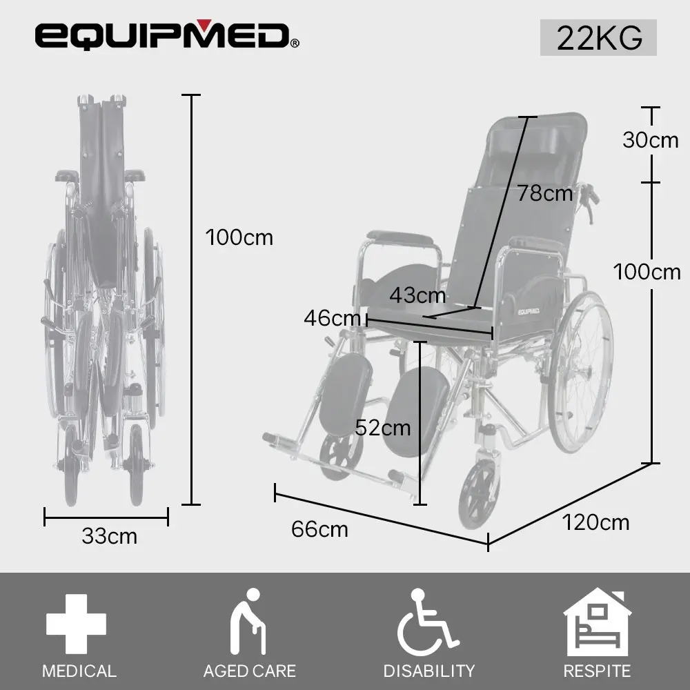 Equipmed Folding Manual Reclining Wheelchair Self Propelled, 24 Inch Rear Wheels, Chrome Steel Frame, 46cm Wide Seat, 100kg Capacity, Park Brakes