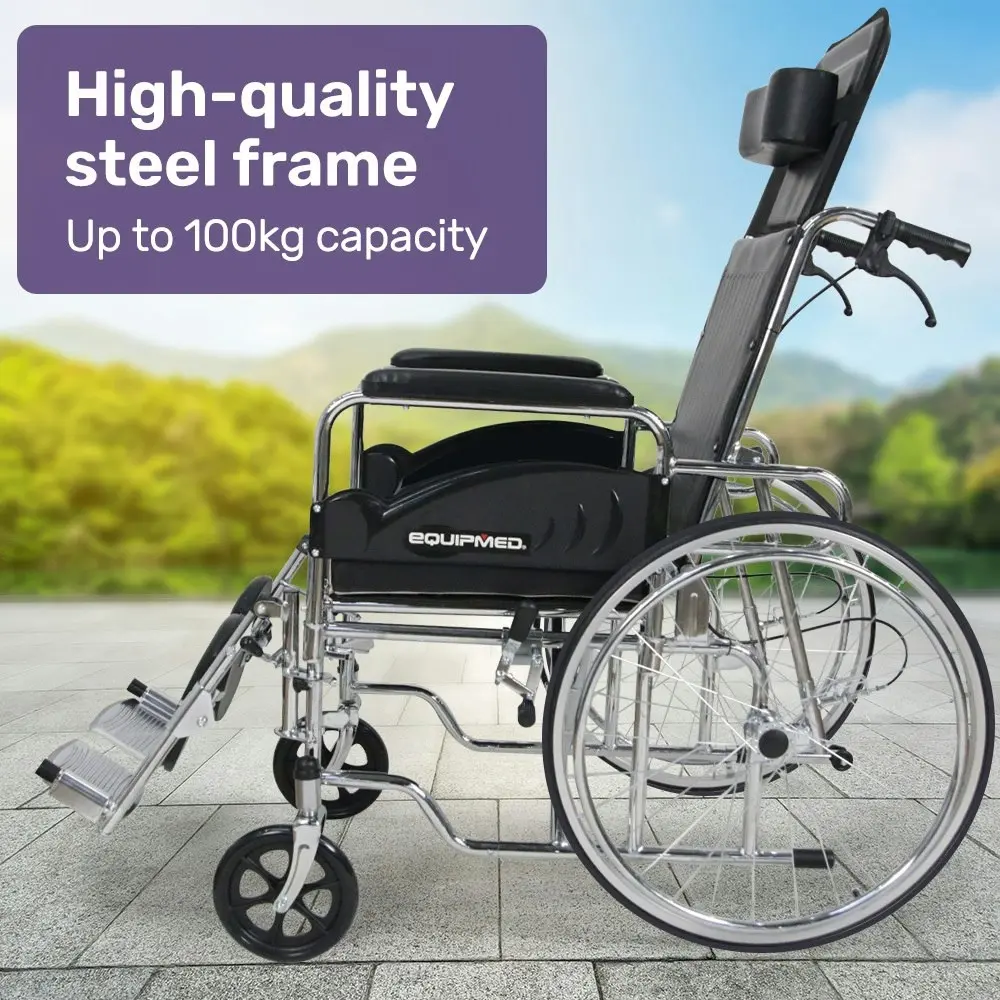 Equipmed Folding Manual Reclining Wheelchair Self Propelled, 24 Inch Rear Wheels, Chrome Steel Frame, 46cm Wide Seat, 100kg Capacity, Park Brakes