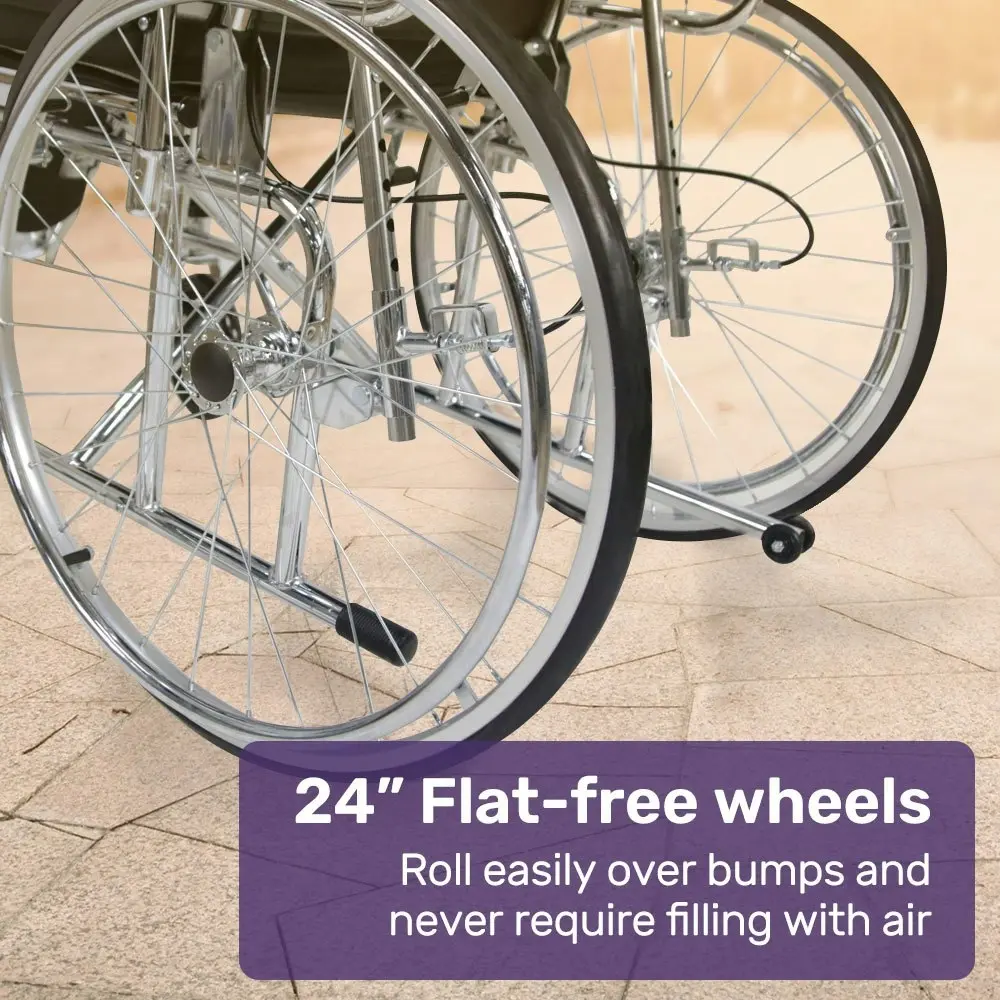 Equipmed Folding Manual Reclining Wheelchair Self Propelled, 24 Inch Rear Wheels, Chrome Steel Frame, 46cm Wide Seat, 100kg Capacity, Park Brakes