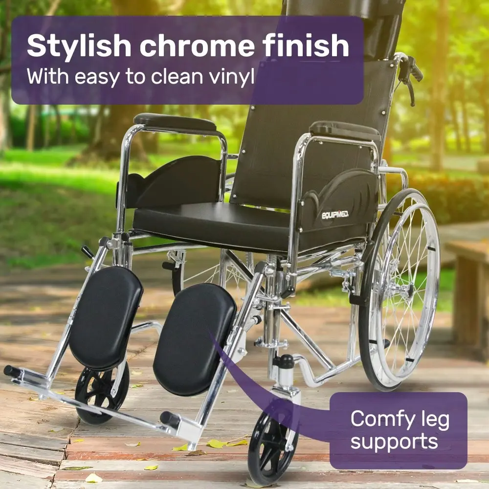 Equipmed Folding Manual Reclining Wheelchair Self Propelled, 24 Inch Rear Wheels, Chrome Steel Frame, 46cm Wide Seat, 100kg Capacity, Park Brakes