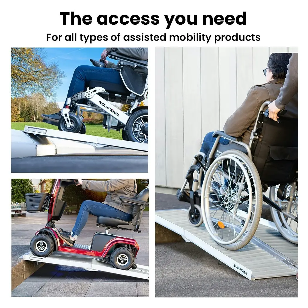 Equipmed 123cm Portable Folding Aluminium Access Ramp 272kg Rated, Silver, for Wheelchair, Mobility Scooter