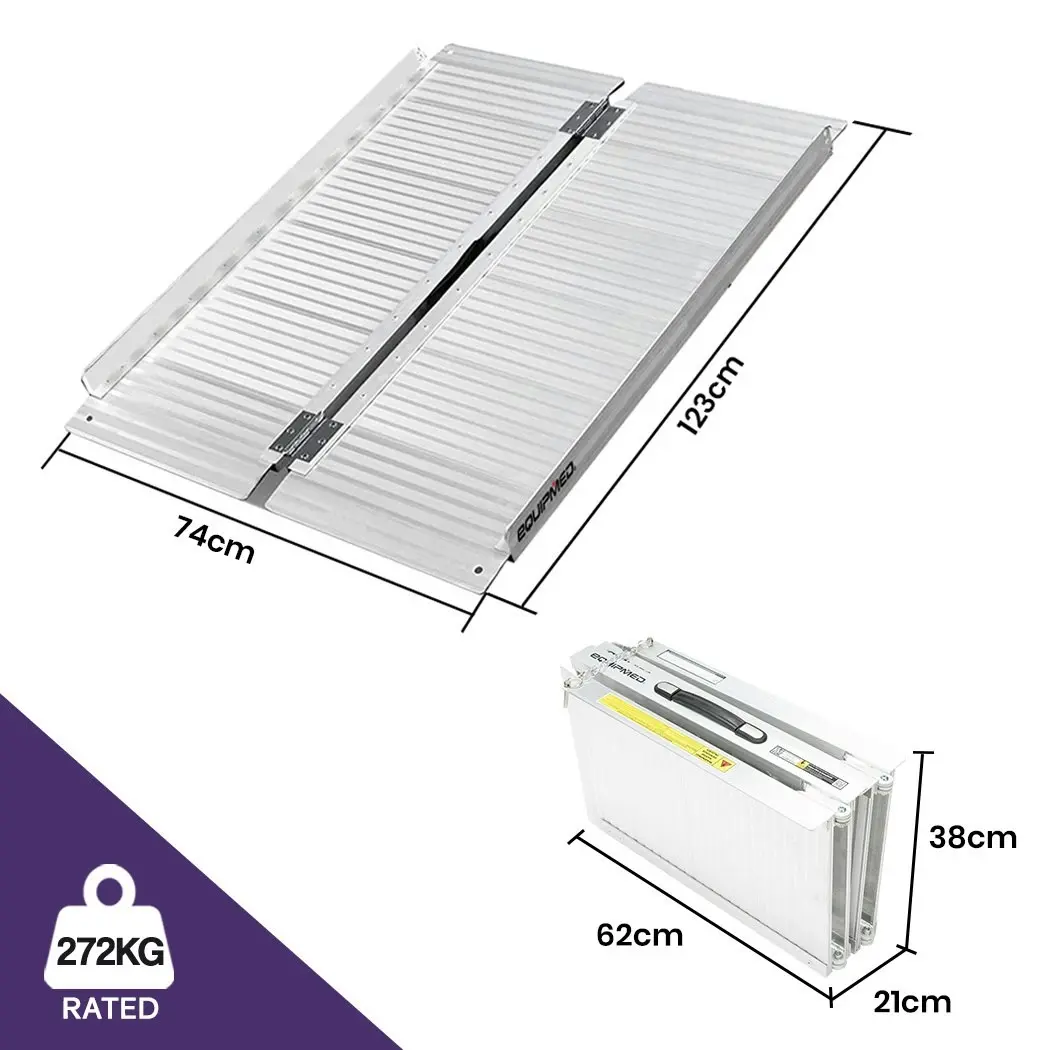 Equipmed 123cm Portable Folding Aluminium Access Ramp 272kg Rated, Silver, for Wheelchair, Mobility Scooter