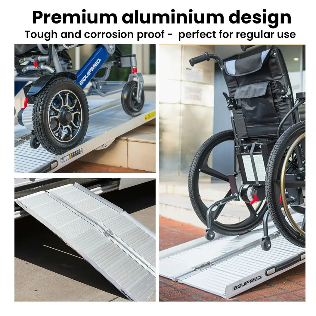 Equipmed 123cm Portable Folding Aluminium Access Ramp 272kg Rated, Silver, for Wheelchair, Mobility Scooter