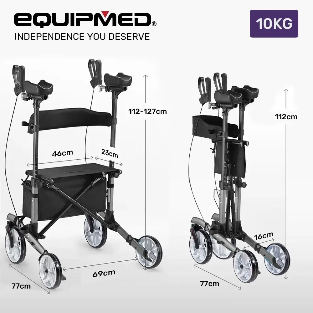 Equipmed Upright Rollator Walker with Forearm Rest Supports, Mobilty Aid with Seat, Grey