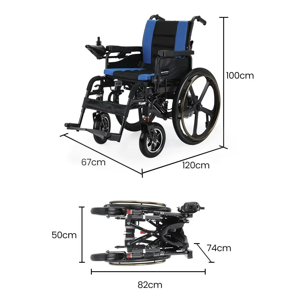 Equipmed Electric Wheelchair Folding, Long Range, Folding, Lithium Battery, 24 Inch Light Rear Wheels, Matte Black/Blue