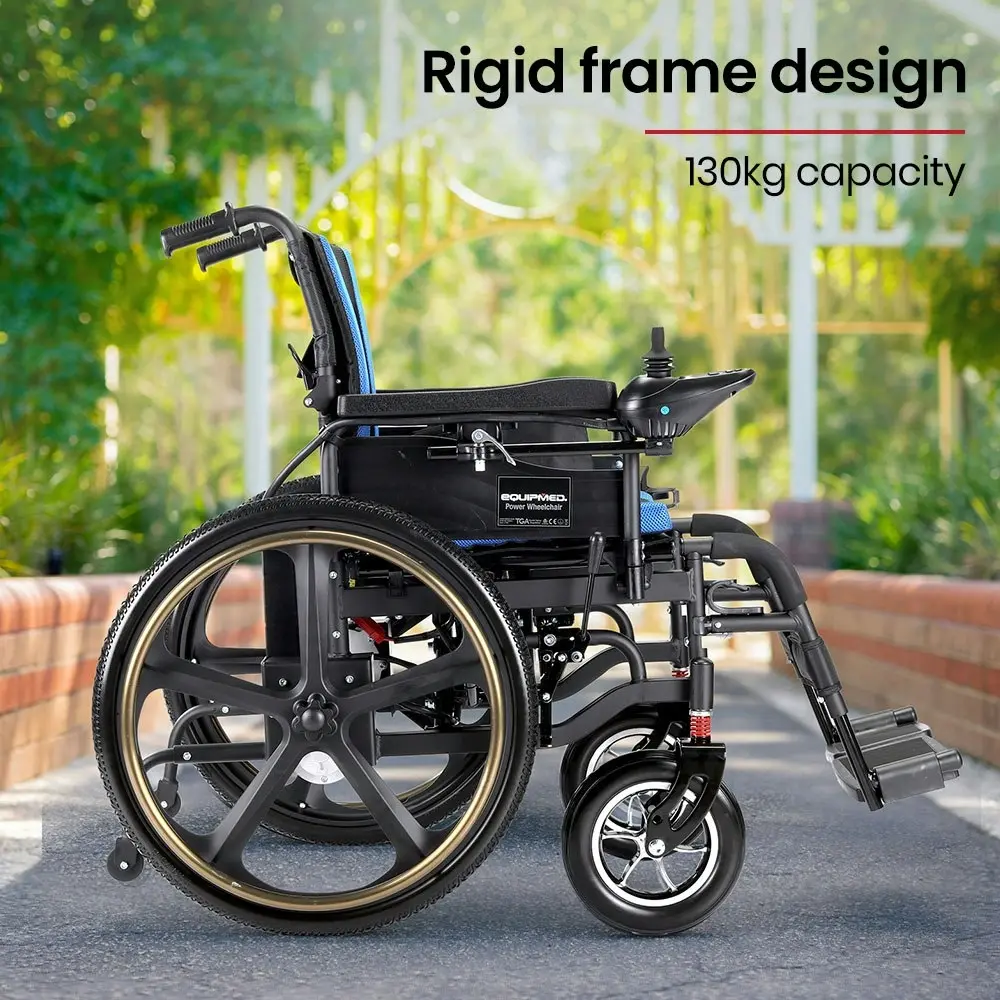 Equipmed Electric Wheelchair Folding, Long Range, Folding, Lithium Battery, 24 Inch Light Rear Wheels, Matte Black/Blue