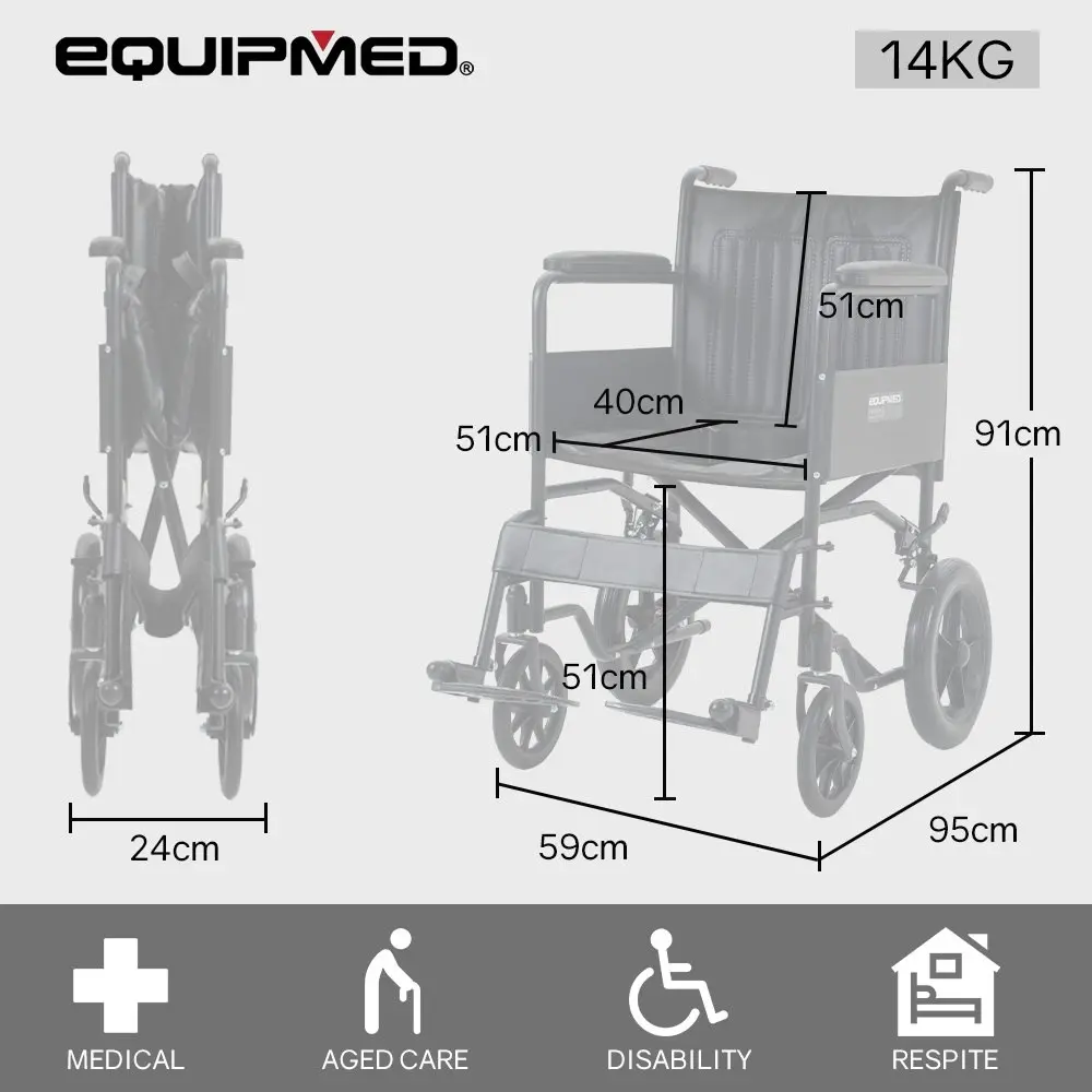 Equipmed Folding Transit Manual Wheelchair, Attendant Propelled, Steel Frame, Wide Seat, Comfortable for S-XL, 114kg Capacity, Park Brakes, Transport