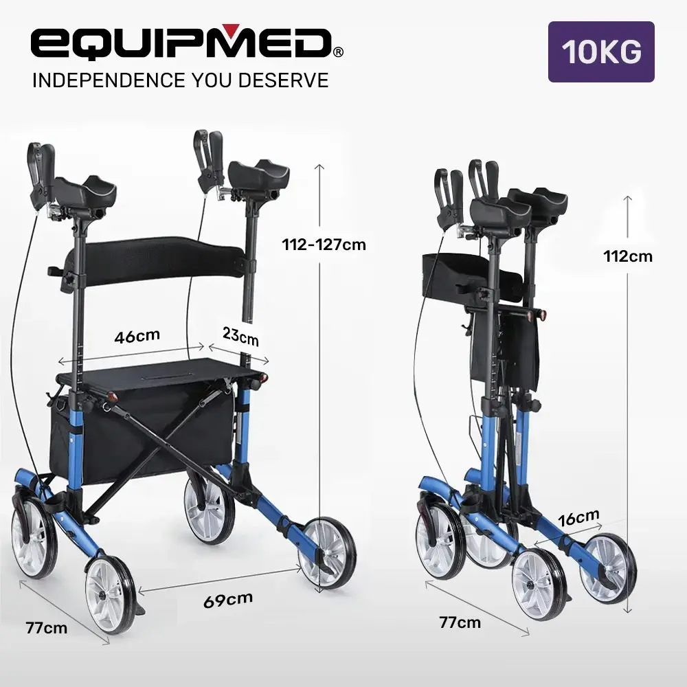 Equipmed Upright Rollator Walker with Forearm Support Rests, Mobilty Aid with Seat, Blue