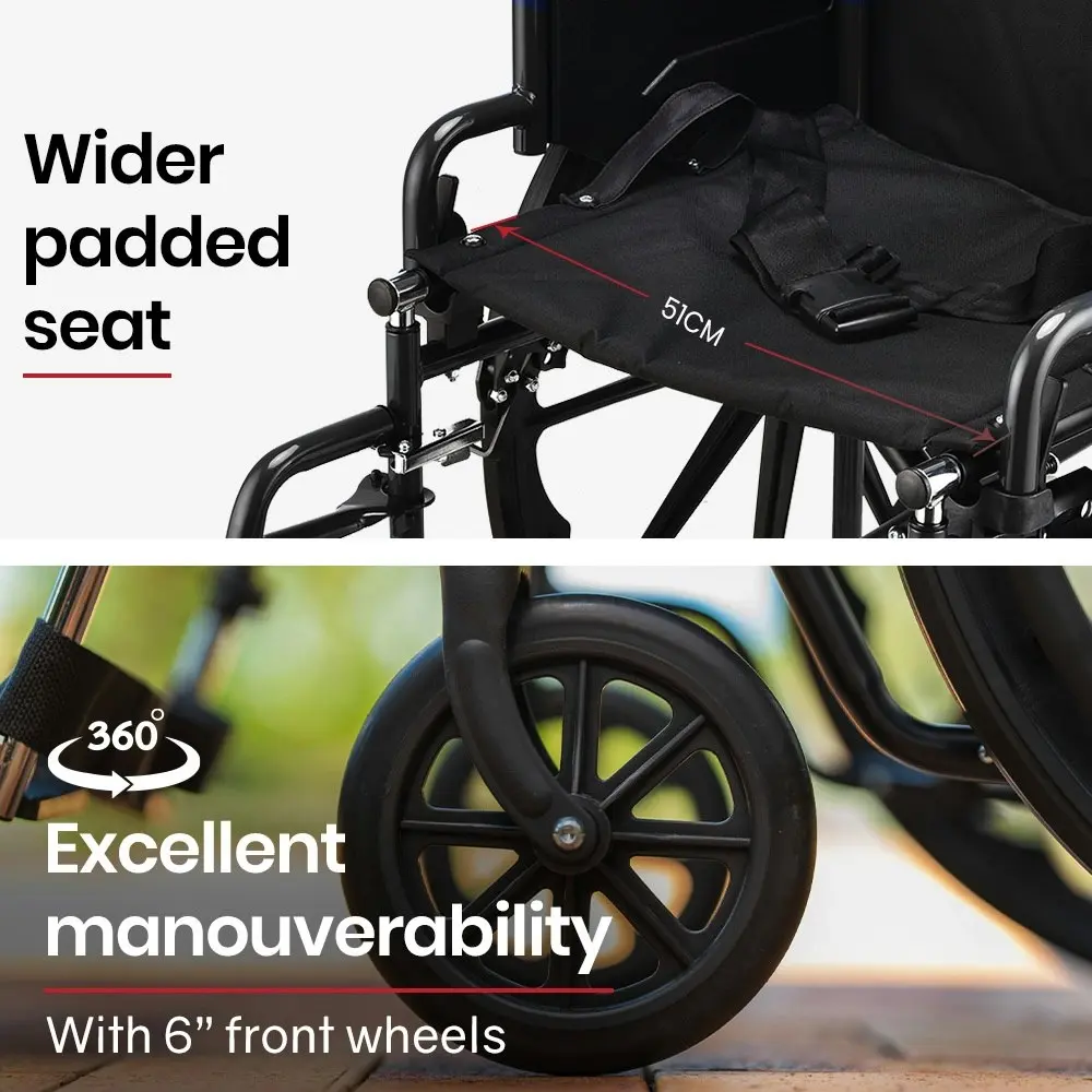 Equipmed Folding Wheelchair, XL 51cm Wide Seat, 24 Inch Wheels, 136kg Capacity, Park Brakes, Black