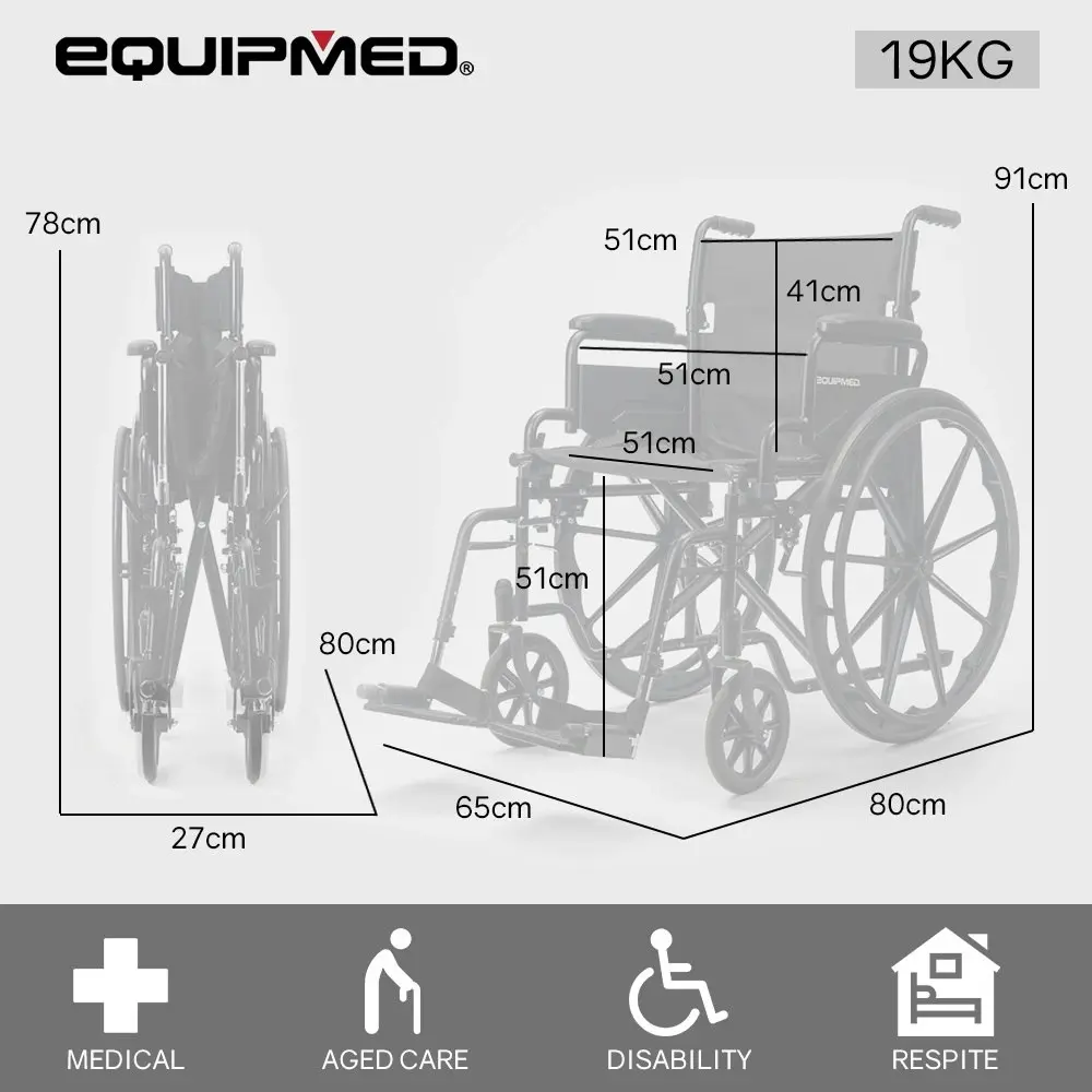 Equipmed Folding Wheelchair, XL 51cm Wide Seat, 24 Inch Wheels, 136kg Capacity, Park Brakes, Black