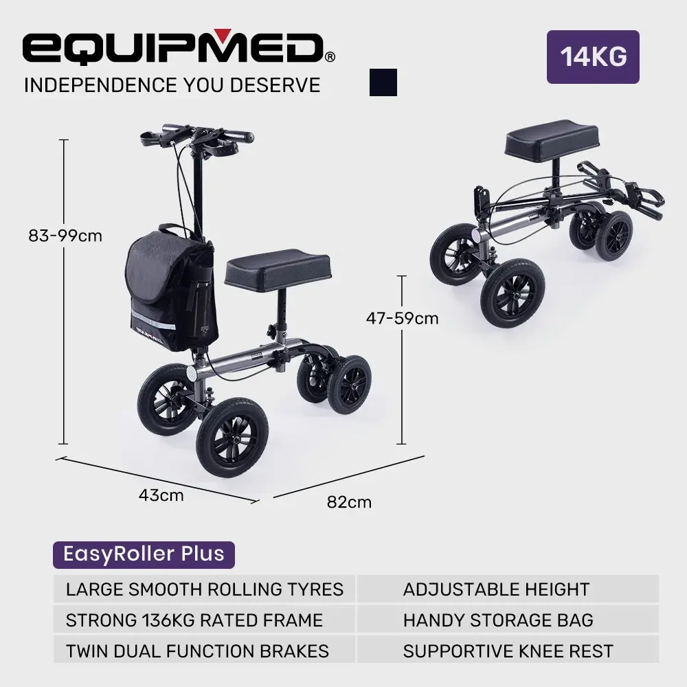 Equipmed Knee Scooter Walker, 10 inch Tyres Dual Brakes Bag - Broken Leg Ankle Foot Mobility - Crutches Alternative - Titanium colour