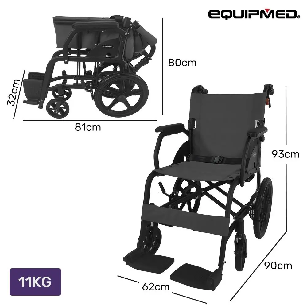 Equipmed Folding Transit Wheelchair, Lightweight Aluminium for Easy Transport, Grey