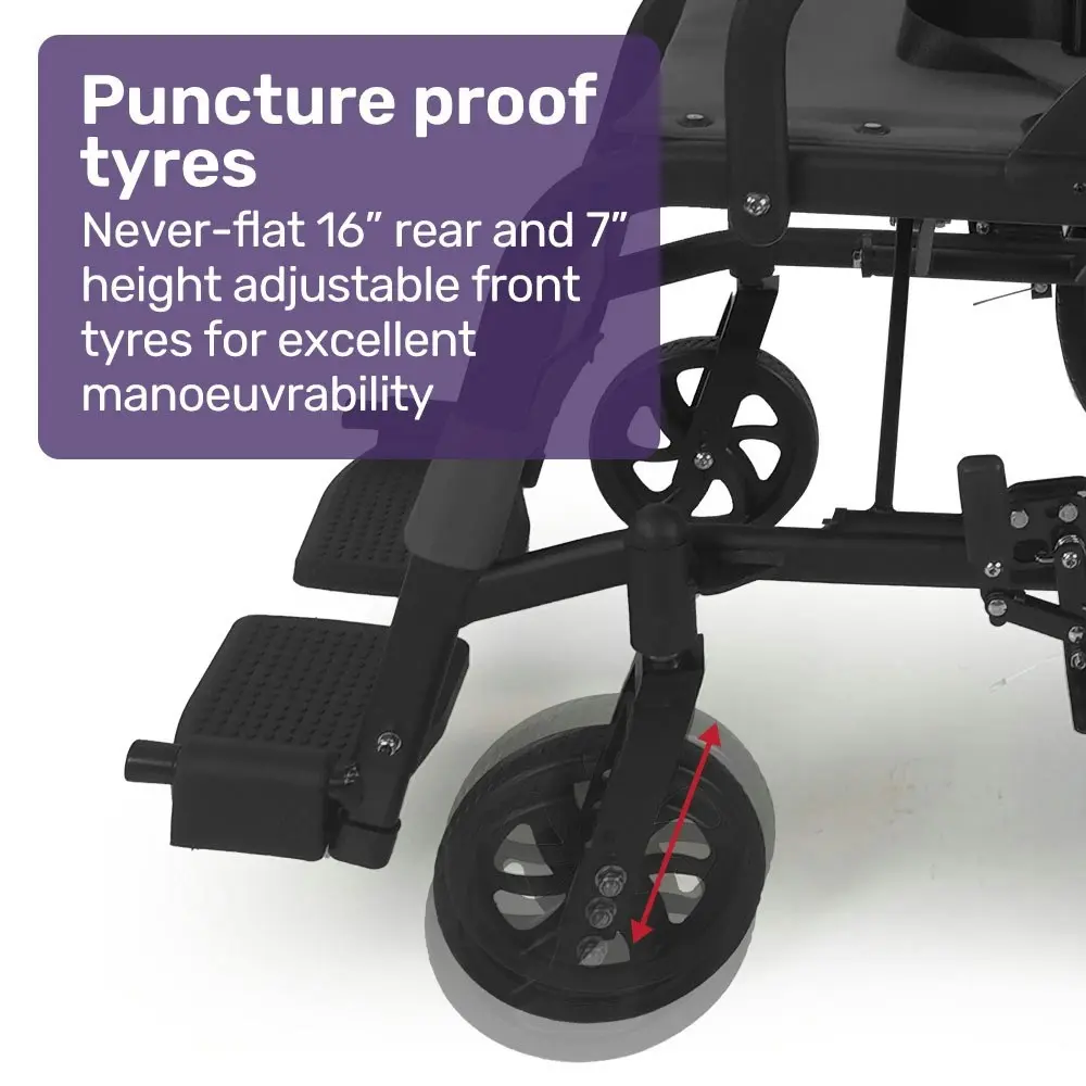 Equipmed Folding Transit Wheelchair, Lightweight Aluminium for Easy Transport, Grey