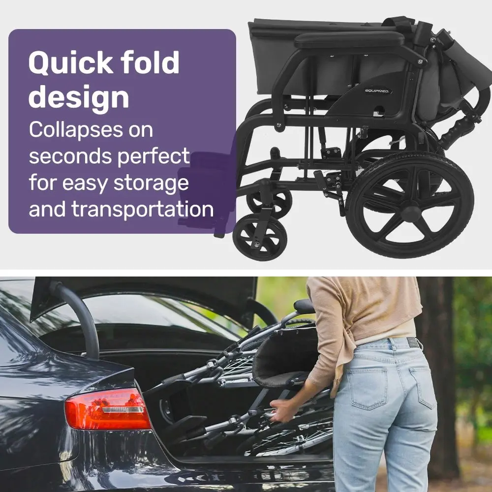 Equipmed Folding Transit Wheelchair, Lightweight Aluminium for Easy Transport, Grey