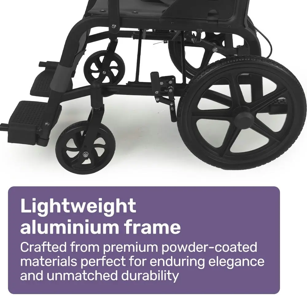 Equipmed Folding Transit Wheelchair, Lightweight Aluminium for Easy Transport, Grey