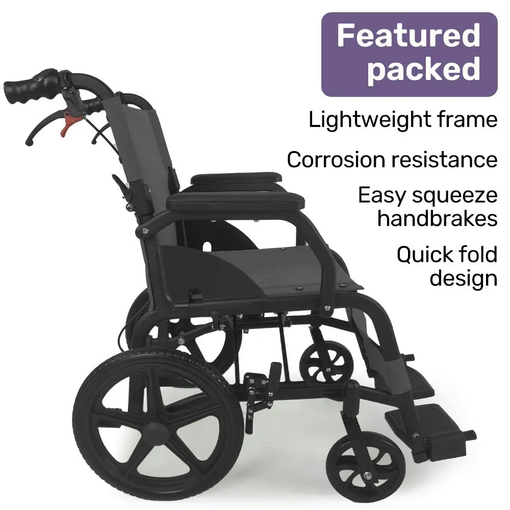 Equipmed Folding Transit Wheelchair, Lightweight Aluminium for Easy Transport, Grey