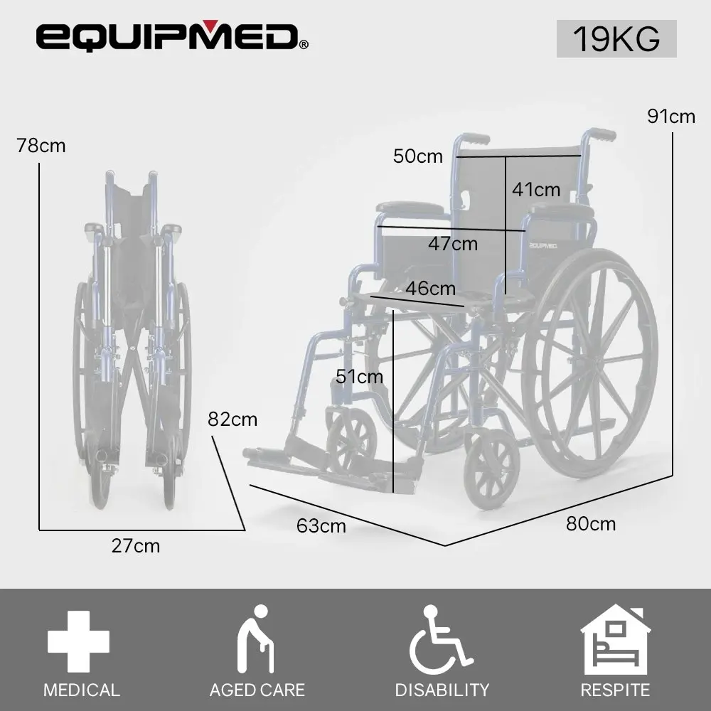 Equipmed 24 Inch Folding Wheelchair Lightweight Portable Mobility 136kg Capacity with Park Brakes