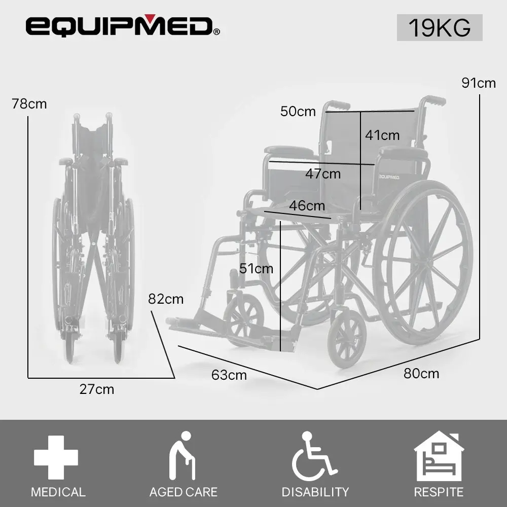 Equipmed Portable Folding Wheelchair 24 Inch 136kg Capacity Wheel Chair Retractable Armrests, Black