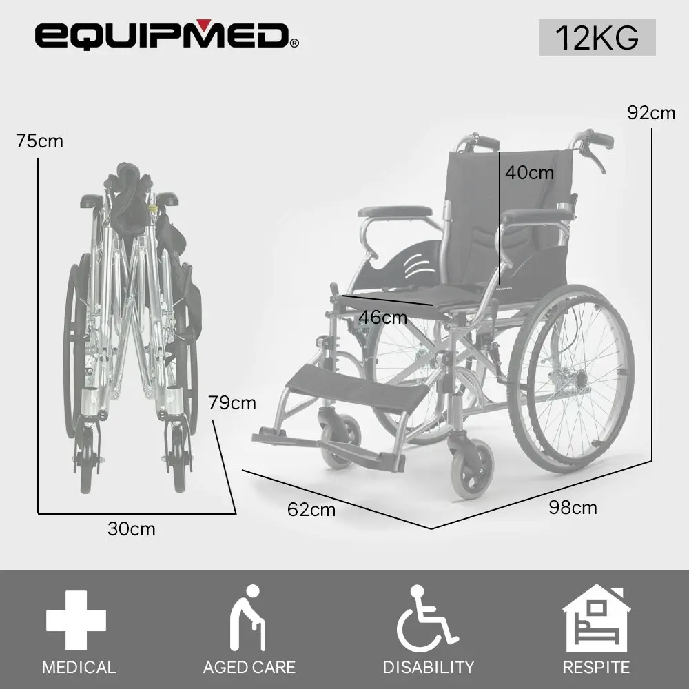 Equipmed 20 Inch Folding Wheelchair Lightweight Aluminium Portable with Park Brakes, Black