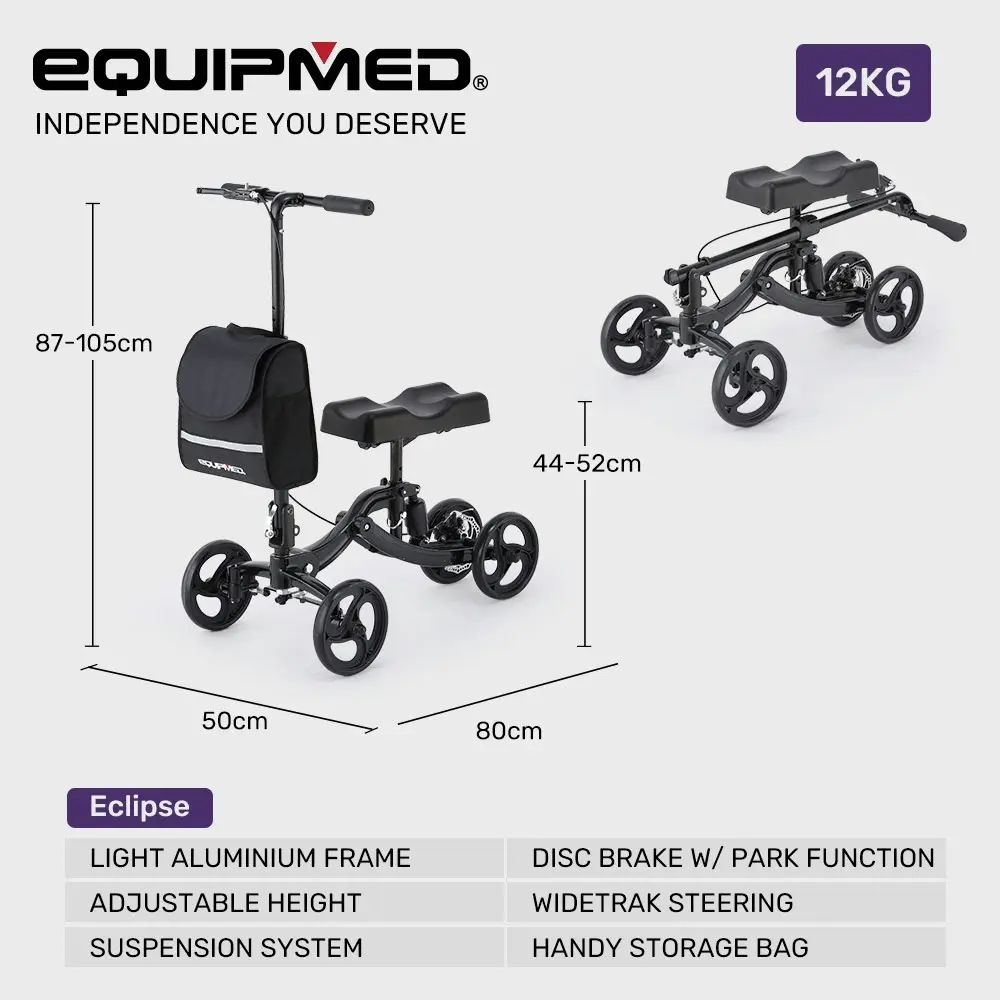 Equipmed Knee Scooter Walker, Disc Brake - Suspension Bag - Broken Leg Ankle Foot Mobility - Crutches Alternative - Black