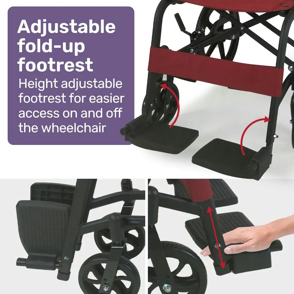 Equipmed Folding Transit Wheelchair, Lightweight Aluminium for Easy Transport, Crimson Red