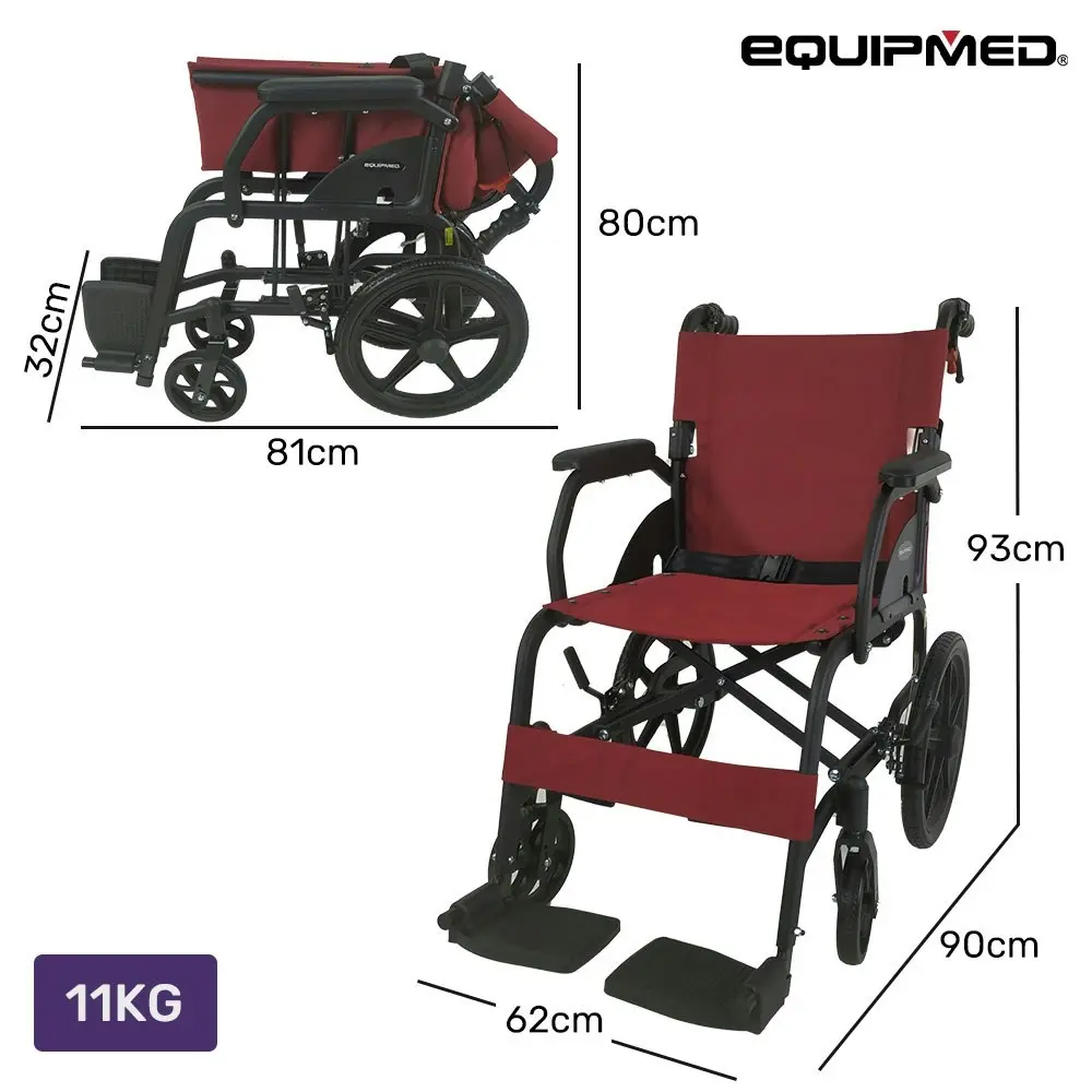 Equipmed Folding Transit Wheelchair, Lightweight Aluminium for Easy Transport, Crimson Red