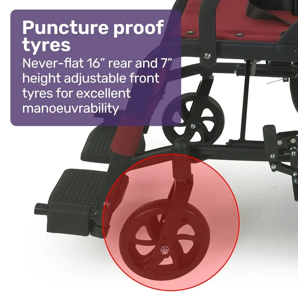 Equipmed Folding Transit Wheelchair, Lightweight Aluminium for Easy Transport, Crimson Red