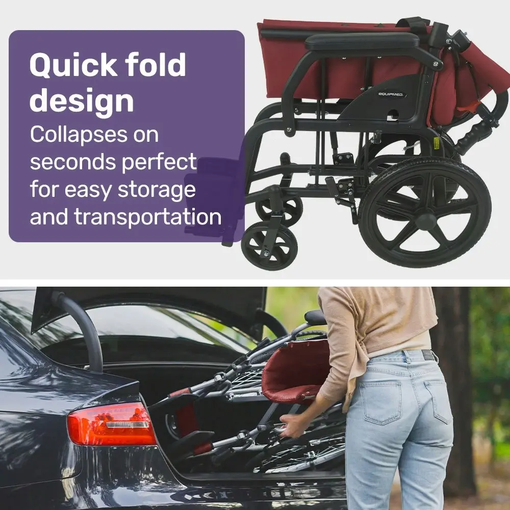 Equipmed Folding Transit Wheelchair, Lightweight Aluminium for Easy Transport, Crimson Red