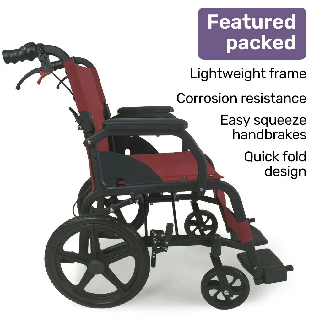 Equipmed Folding Transit Wheelchair, Lightweight Aluminium for Easy Transport, Crimson Red