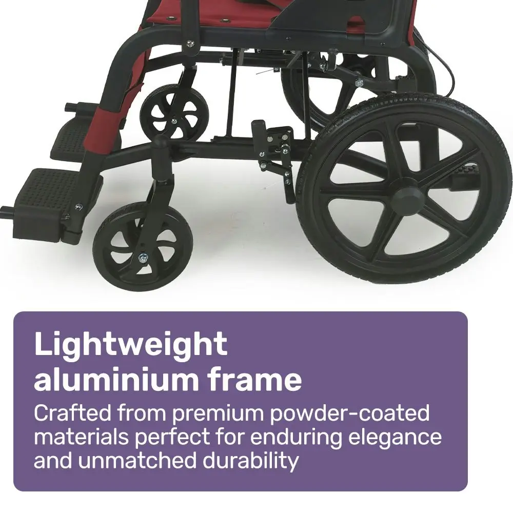 Equipmed Folding Transit Wheelchair, Lightweight Aluminium for Easy Transport, Crimson Red