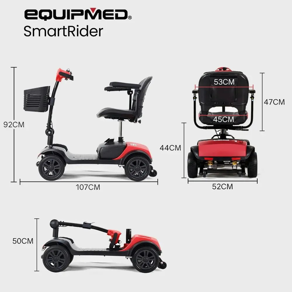 Equipmed Electric Mobility Scooter Portable Folding for Elderly Older Adult, SmartRider Black & Red