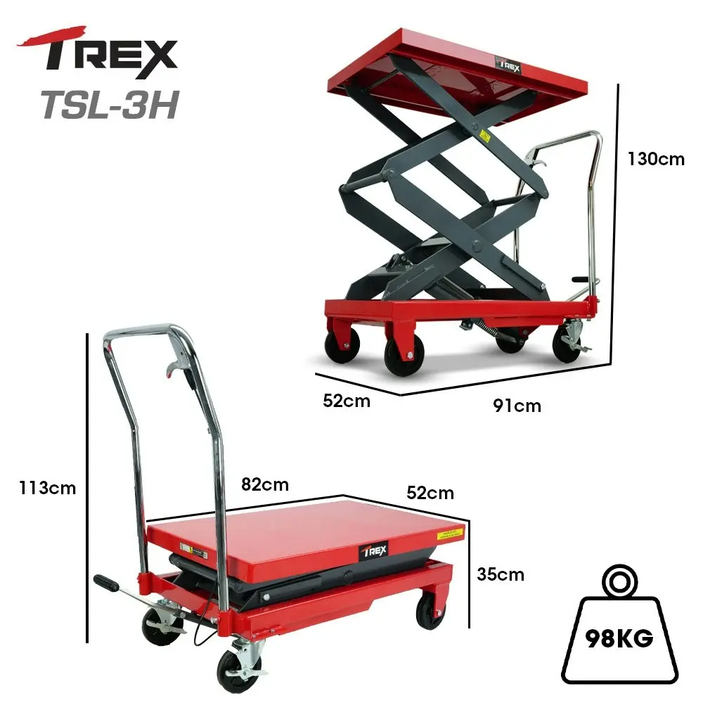 T-Rex 300KG Hydraulic High Lift Double Scissor Trolley, 1.3M Max Platform Hgt, Heavy-Duty, for Material Handling