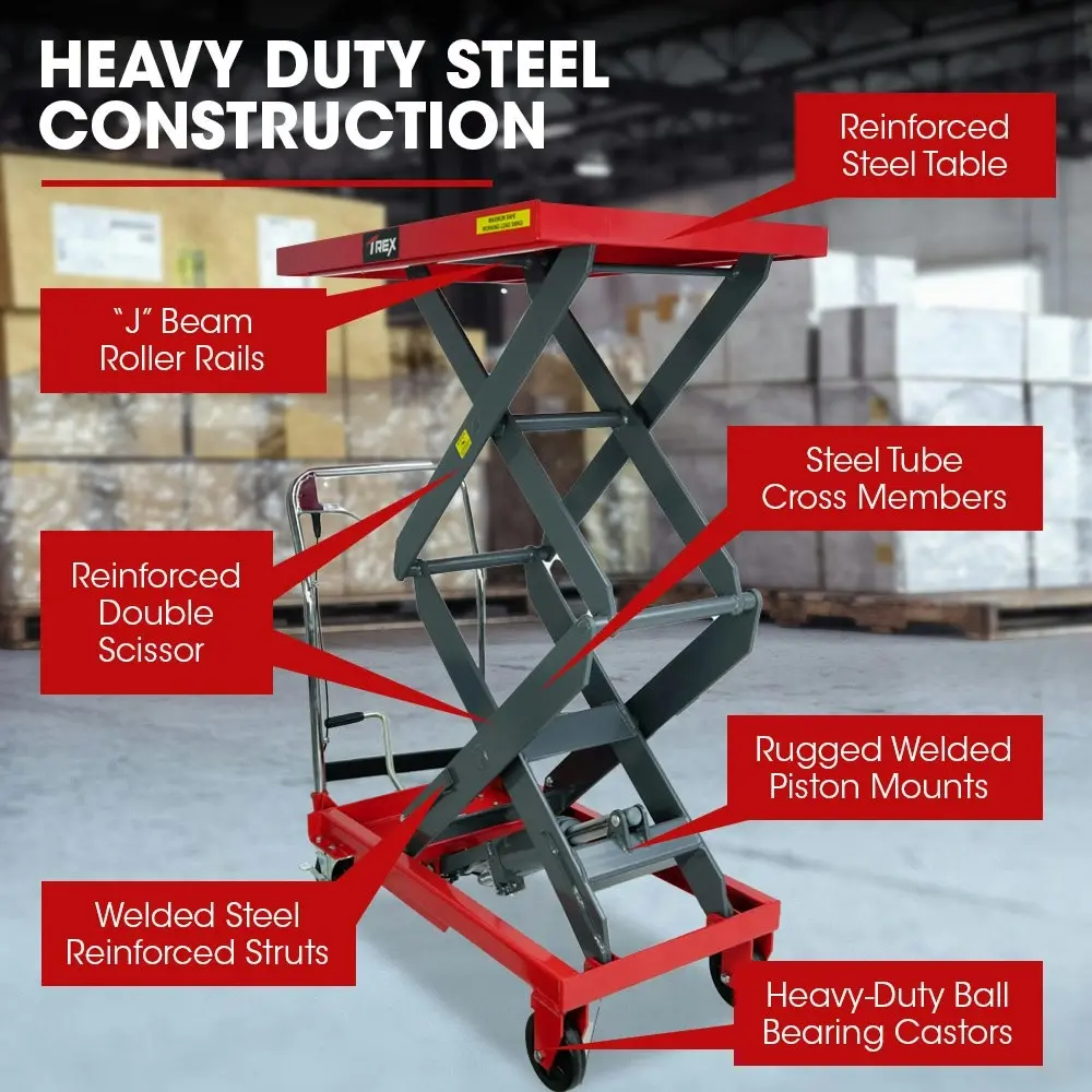 T-Rex 300KG Hydraulic High Lift Double Scissor Trolley, 1.3M Max Platform Hgt, Heavy-Duty, for Material Handling