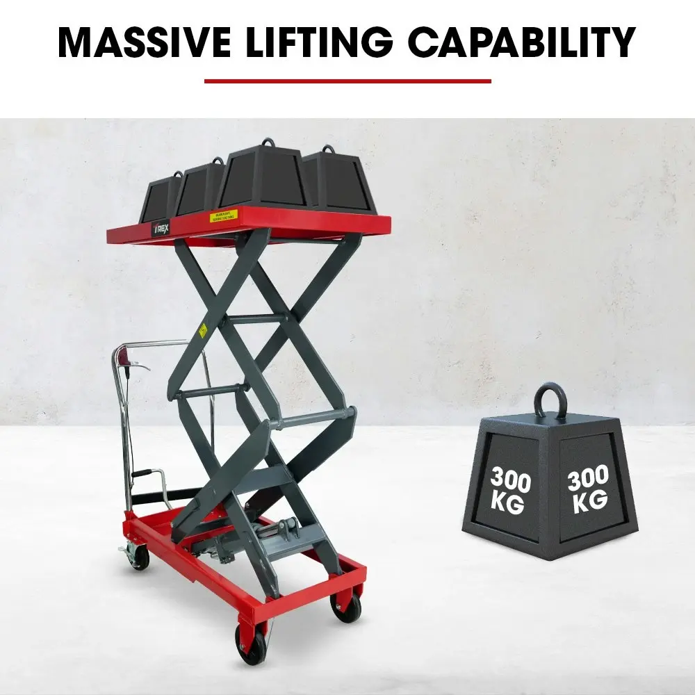 T-Rex 300KG Hydraulic High Lift Double Scissor Trolley, 1.3M Max Platform Hgt, Heavy-Duty, for Material Handling