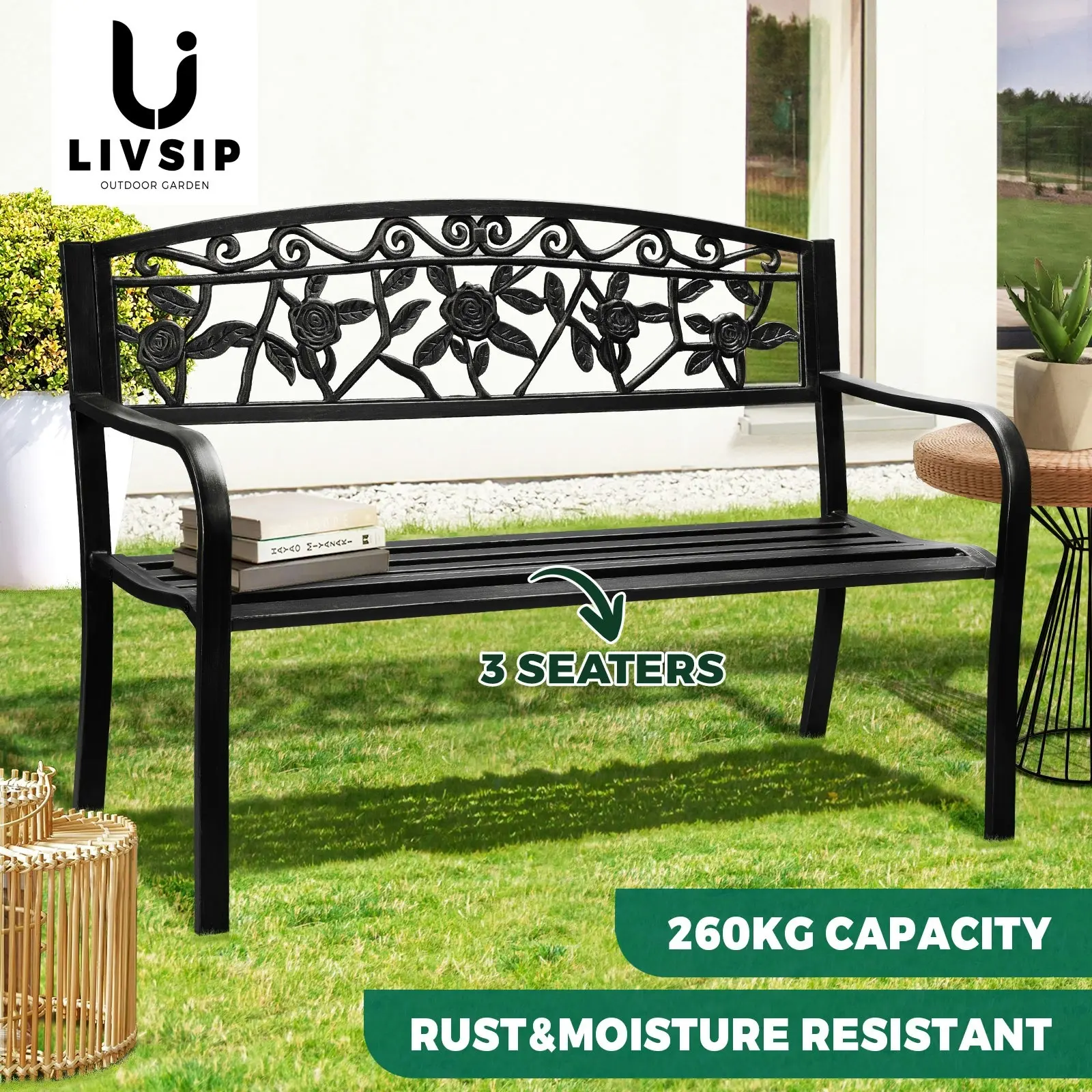 Livsip Garden Bench Seat Outdoor Furniture Patio Park Backyard Chair Black