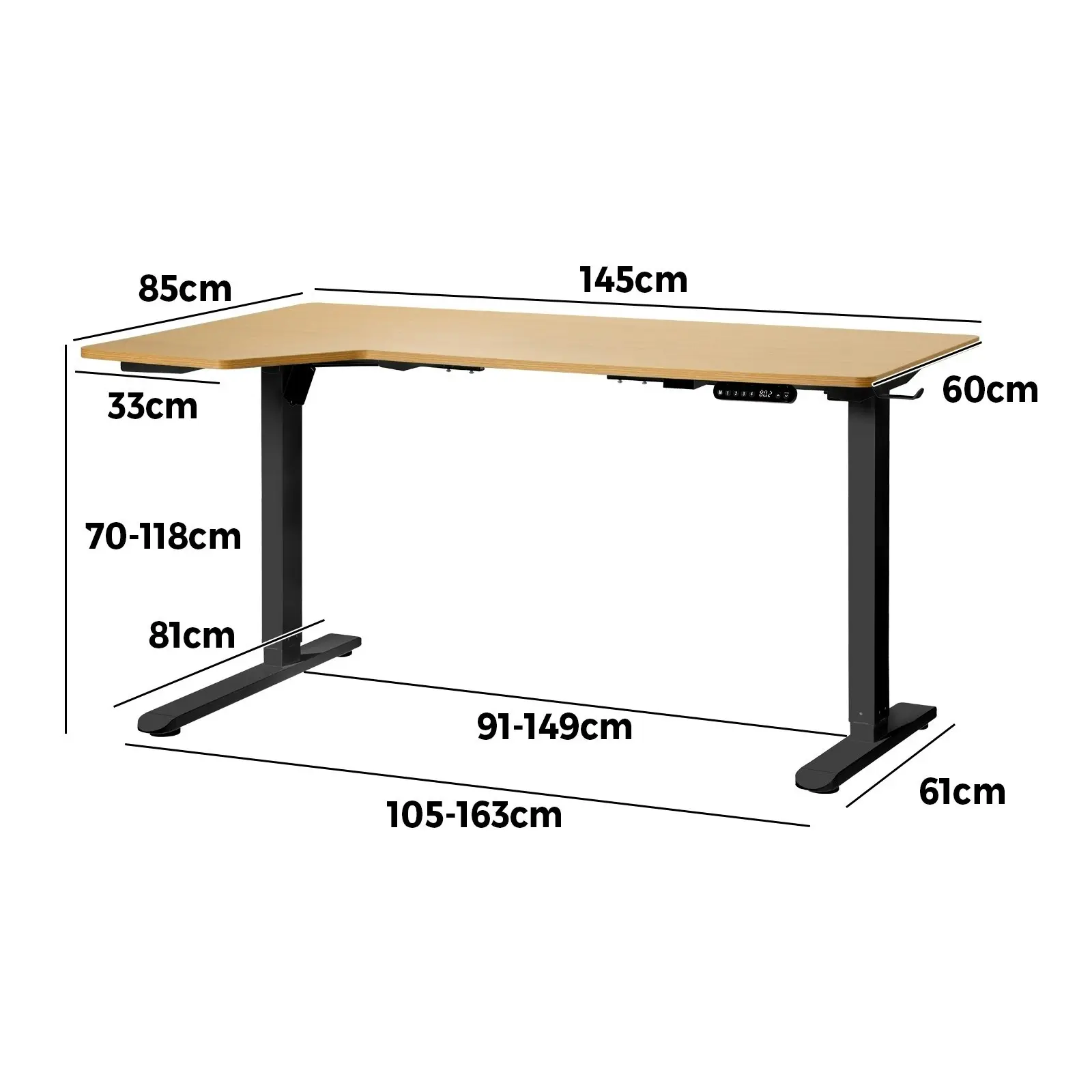 Oikiture L-shape Electric Standing Desk Single Motor Black Frame 145CM OAK Desktop