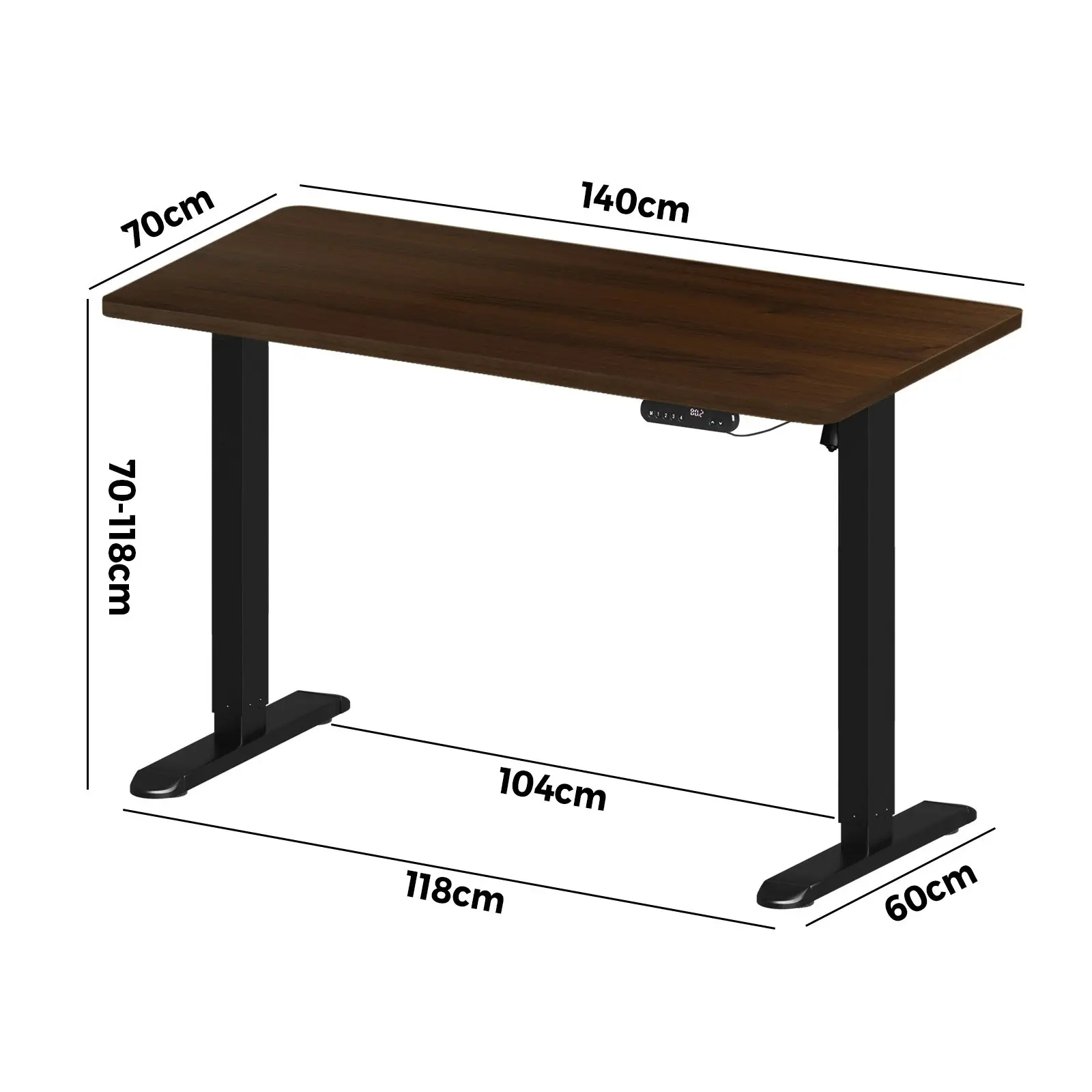 Oikiture Electric Standing Desk Single Motor Black Frame 140CM Walnut Tabletop