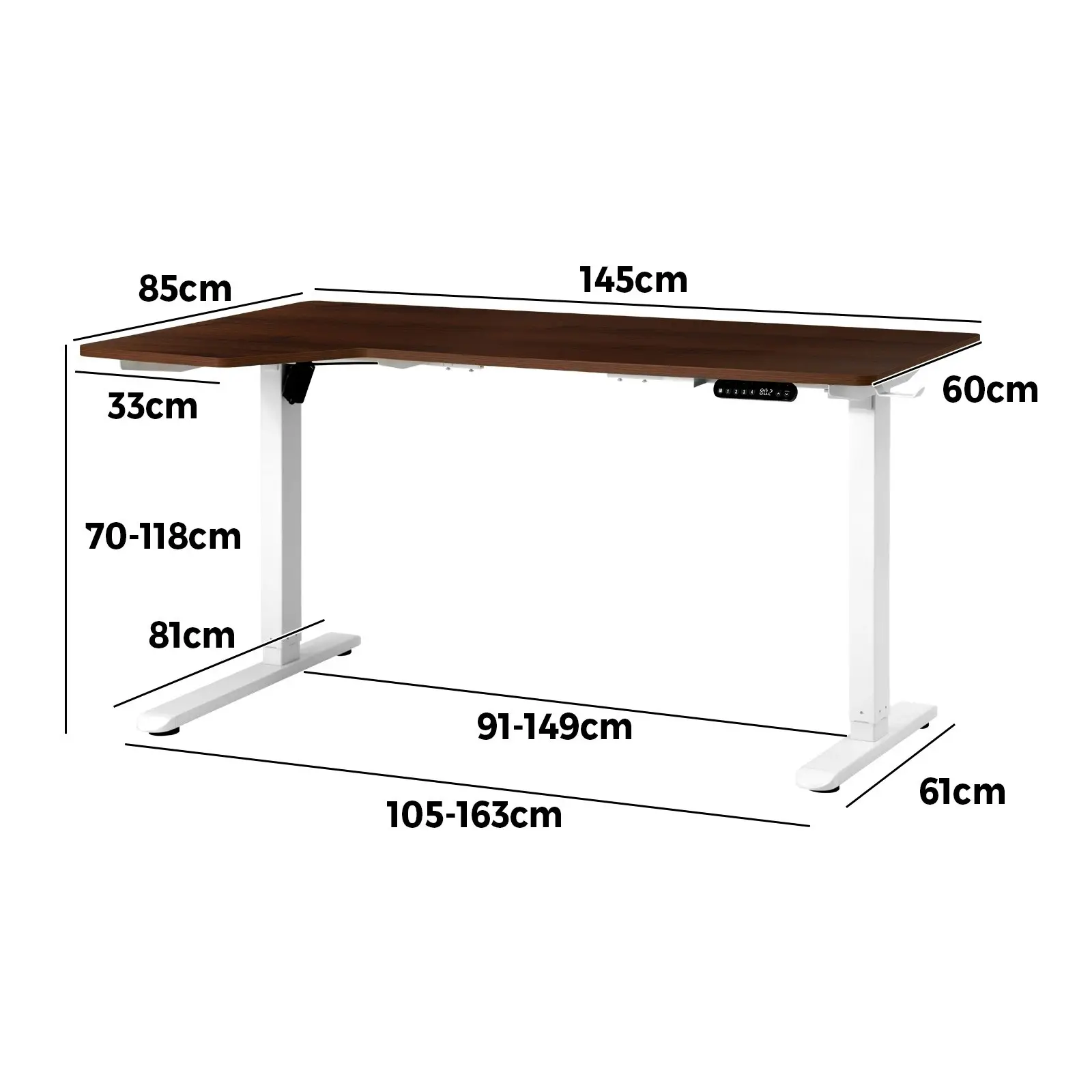 Oikiture L-shape Electric Standing Desk Single Motor White Frame 145CM Walnut Desktop