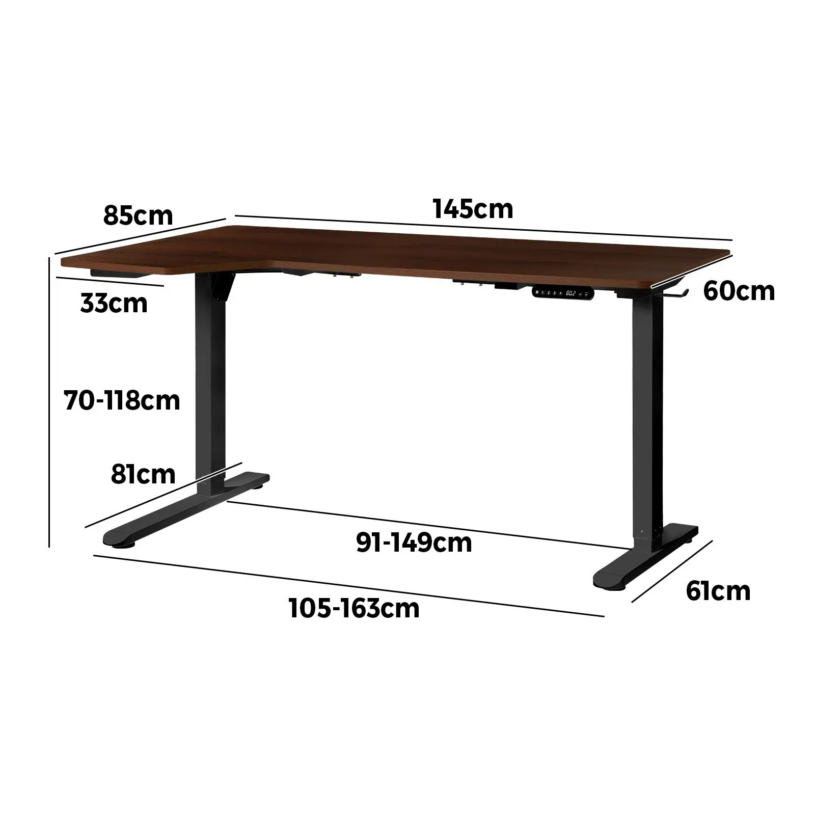 Oikiture L-shape Electric Standing Desk Single Motor Black Frame 145CM Walnut Desktop