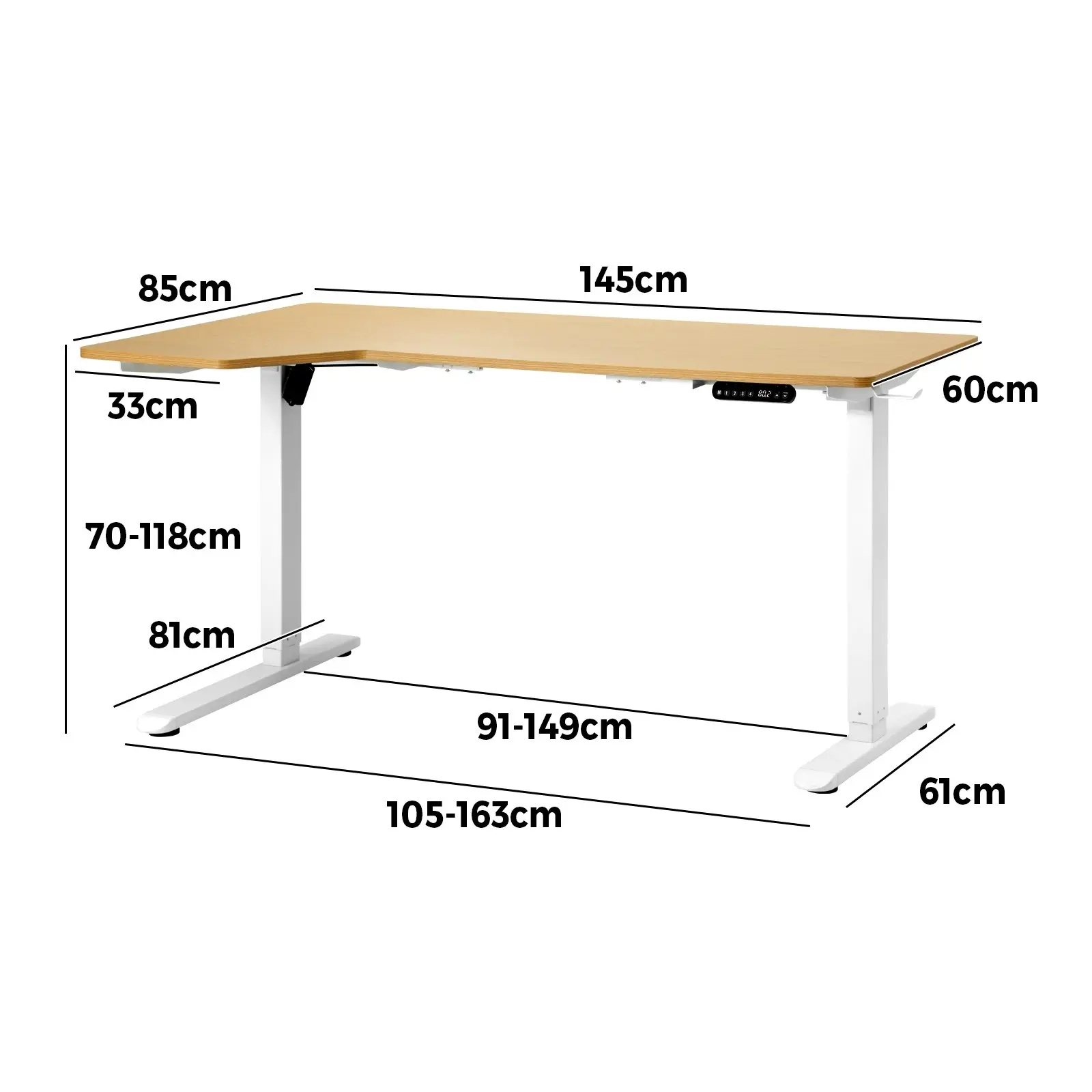 Oikiture L-shape Electric Standing Desk Single Motor White Frame 145CM OAK Desktop