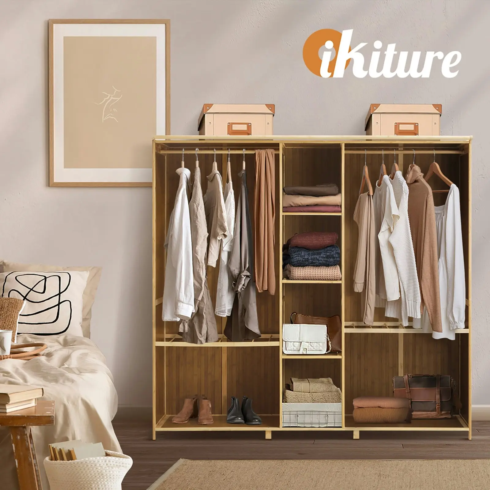 Oikiture Open Wardrobe Clothes Storage Stand Hanging Rail Bamboo Cupboard