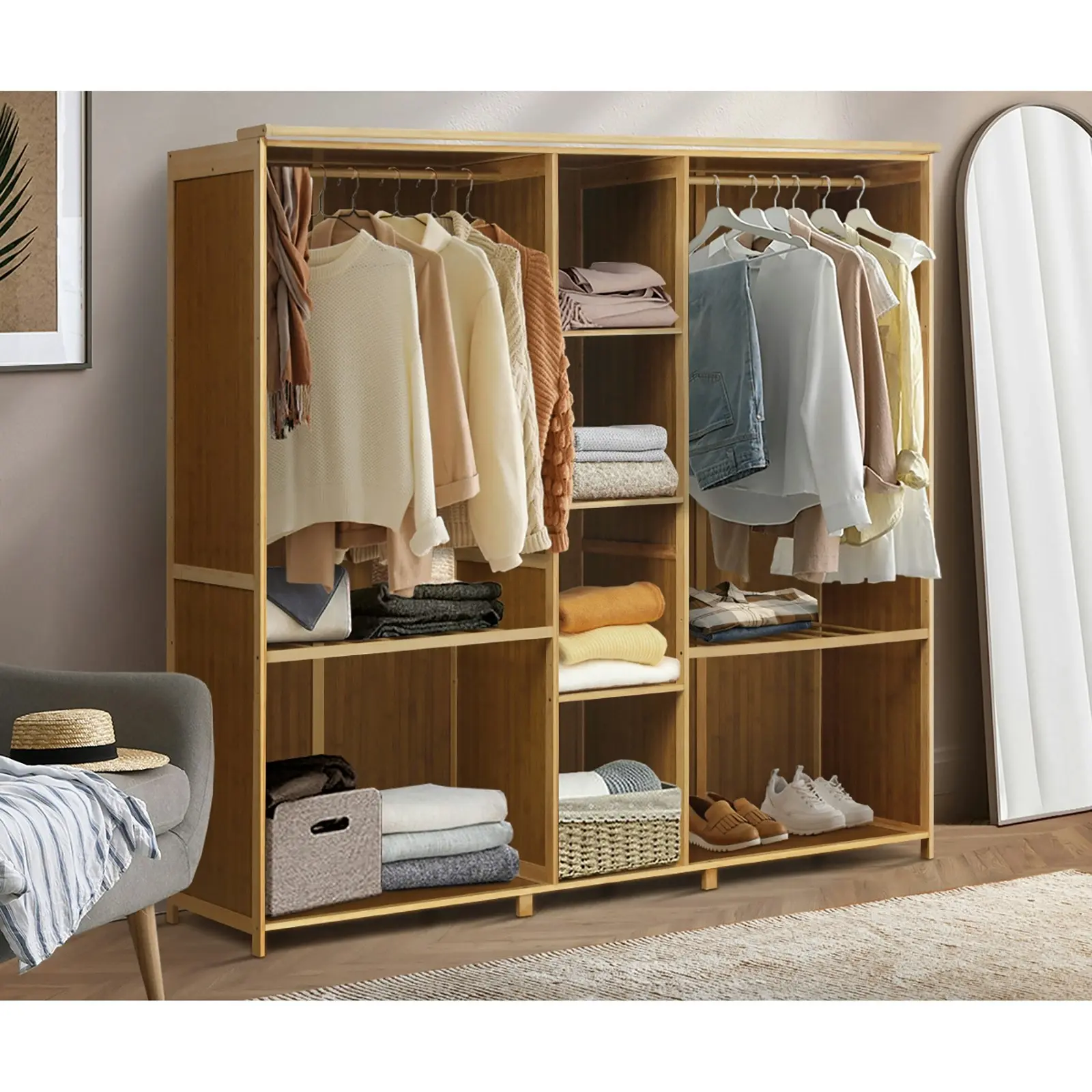 Oikiture Open Wardrobe Clothes Storage Stand Hanging Rail Bamboo Cupboard