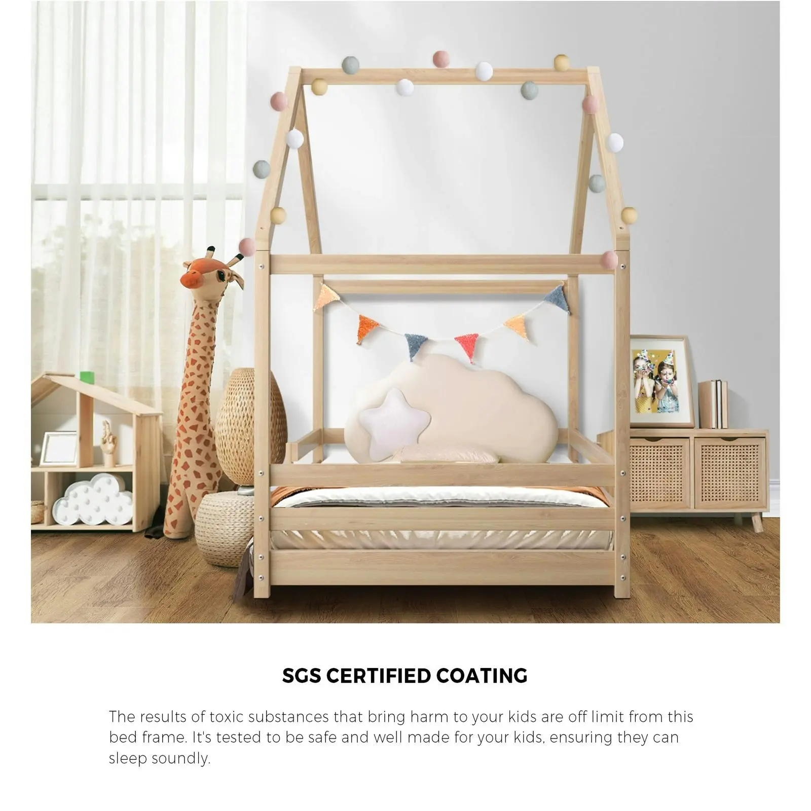 Oikiture Kids Wooden House Single Bed