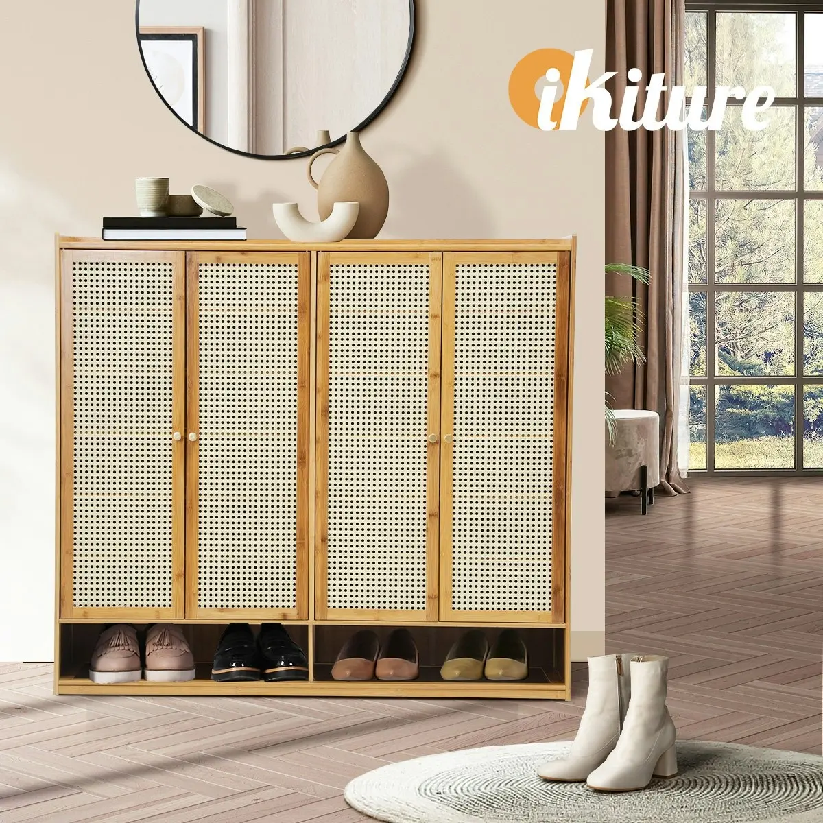 Oikiture Shoe Storage Cabinet Shoes Rack Organiser Shelf 4 Doors Rattan Brown